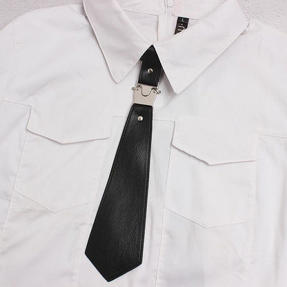 Women Cool Neck Tie Leather Black Metal Split Joint Fashion Tide All-Matches Tie