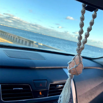Macrame Wall Hanging Himalayan Salt Rock Raw Rose Quartz Stone Car Home Ornament