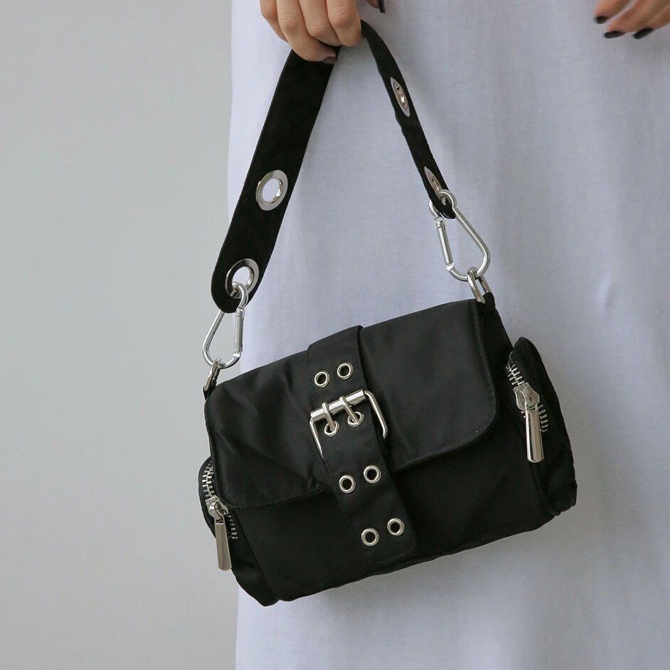 Nylon Women Bags Fashion Rivet Shoulder Bag Handbag Small Underarm Black 34*20*7