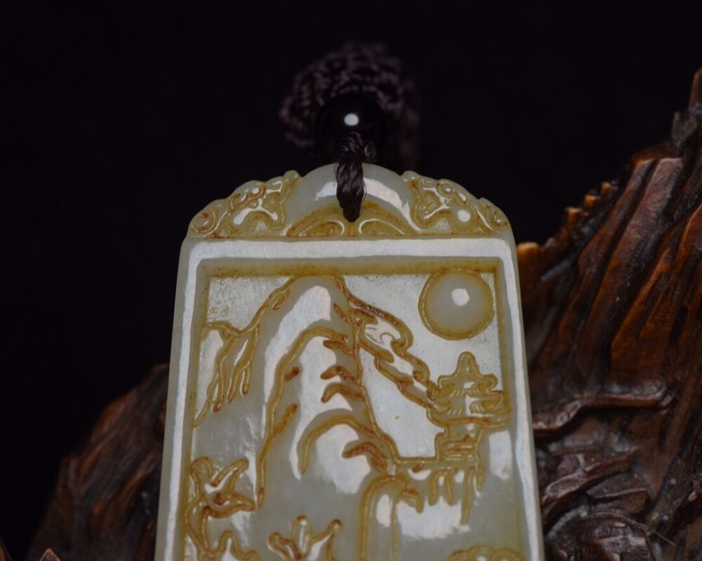 Chinese Natural Hetian Jade Carving Landscape Statue Exquisite Pendant Jewelry
