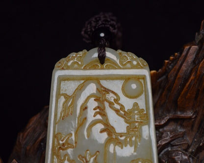 Chinese Natural Hetian Jade Carving Landscape Statue Exquisite Pendant Jewelry