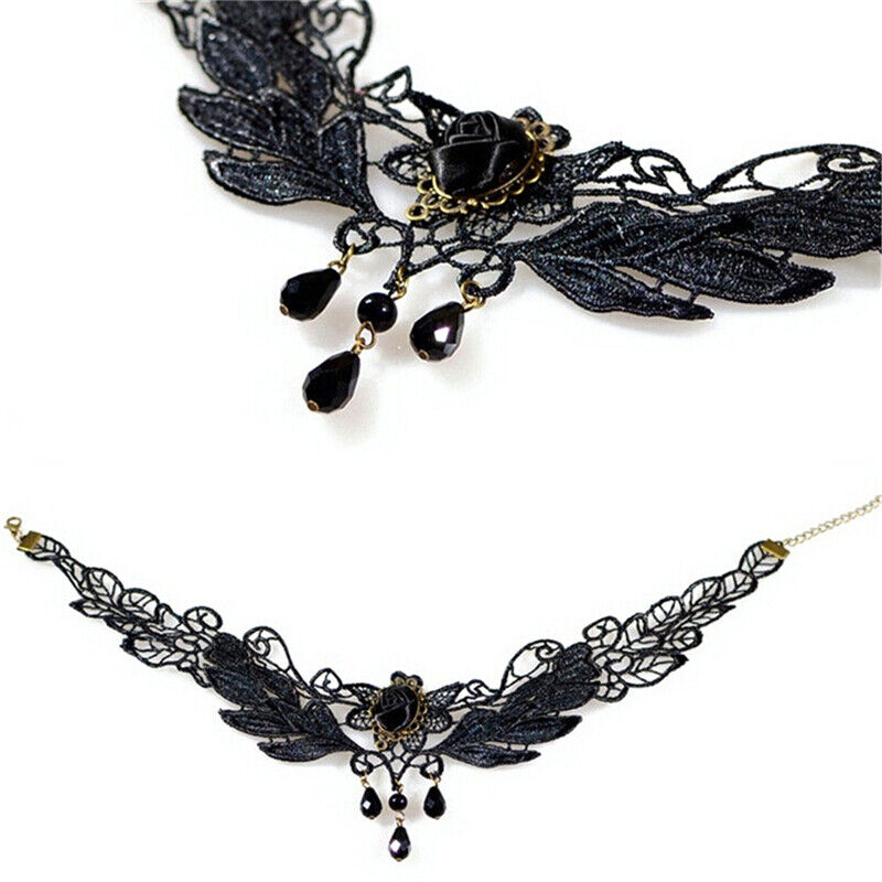 Women's Black Rose Teardrop Bead Pendant Lace Choker Lolita Collar NecklacY;US
