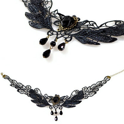 Women's Black Rose Teardrop Bead Pendant Lace Choker Lolita Collar NecklacY;US