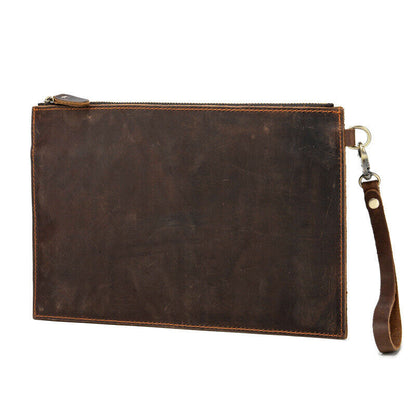 Handmade Crazy Horse Leather Men's Slim Zipper Wallets Clutch Envelope Bag