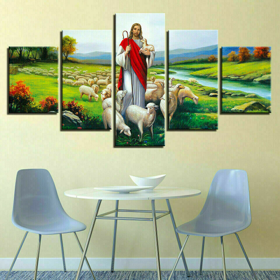 Jesus God Shepherd Flock Sheep 5 Piece Canvas Print Wall Art Poster Home Decor