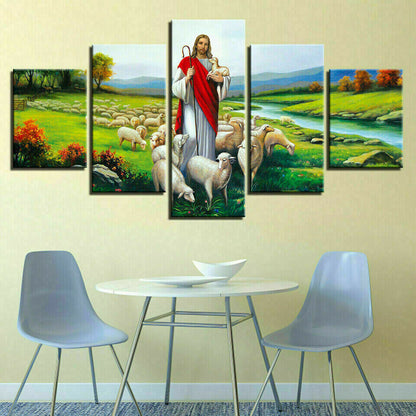 Jesus God Shepherd Flock Sheep 5 Piece Canvas Print Wall Art Poster Home Decor