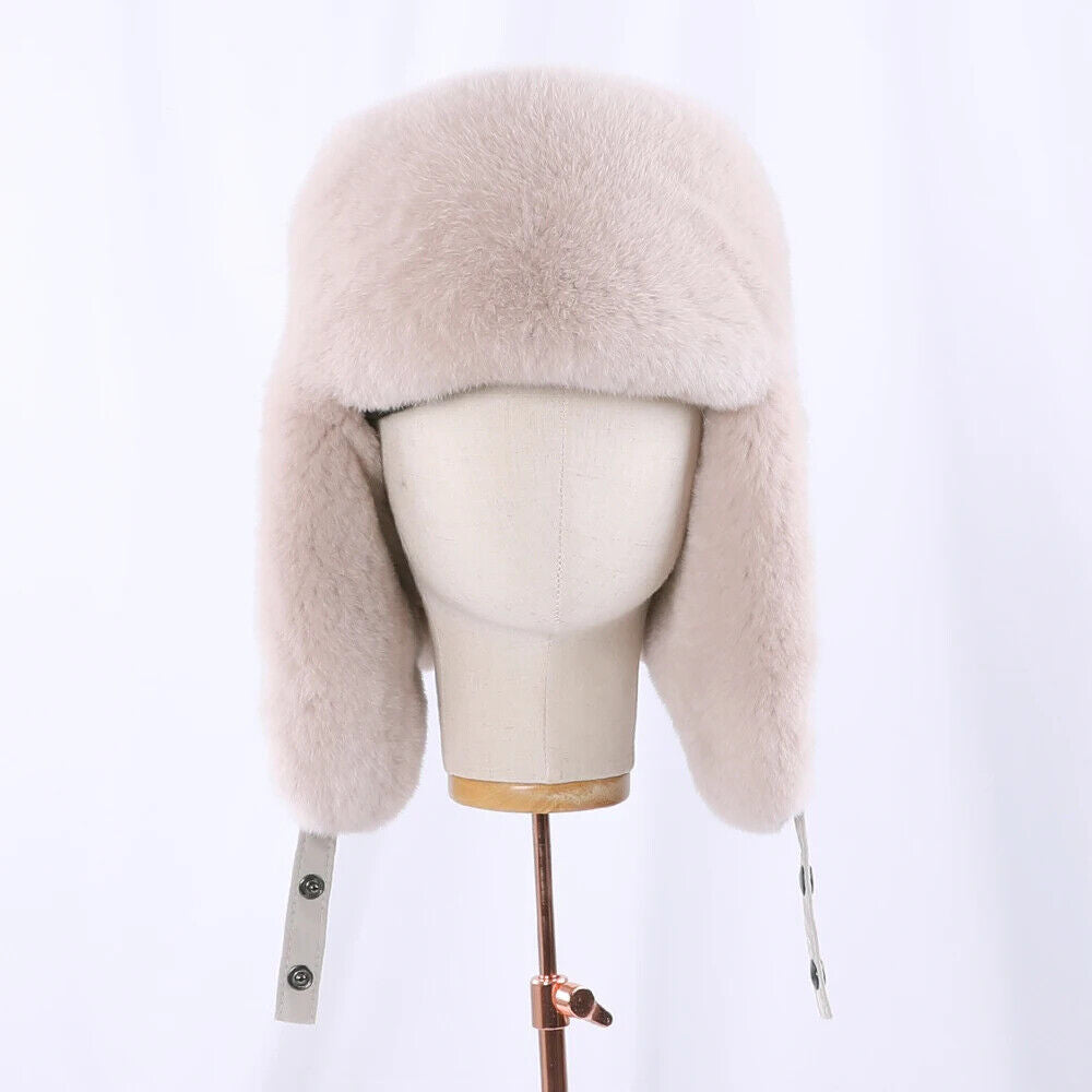 Women Winter Hat 100% Real Rabbit Fur Russian Winter Thick Warm Ears Bomber Caps