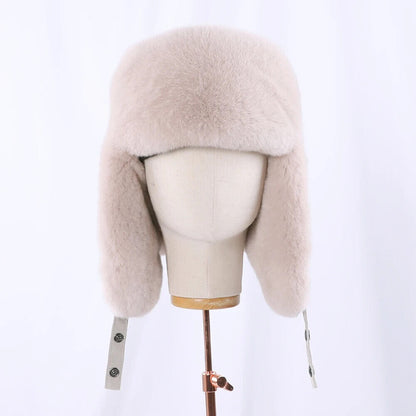 Women Winter Hat 100% Real Rabbit Fur Russian Winter Thick Warm Ears Bomber Caps
