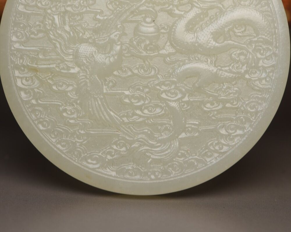 Top Chinese Natural Hetian Jade Carved Dragon Phoenix Statue Lucky Jade Pendant