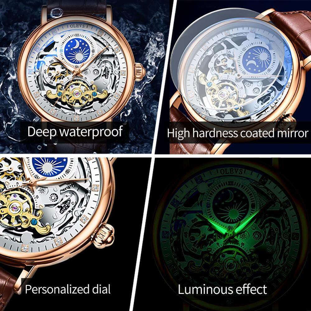 Mens Dual Time Automatic Mechanical Skeleton Watch Rose Gold Brown Leather