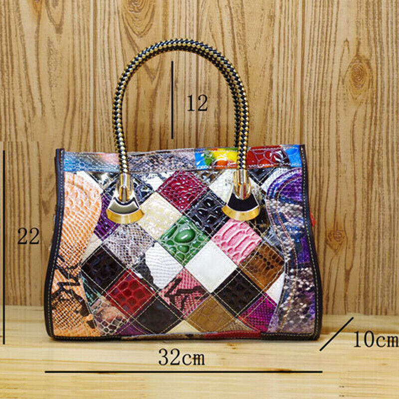 Women's Genuine Leather Snake Blocks Colorful Handbag Shoulder Satchel Tote Bag