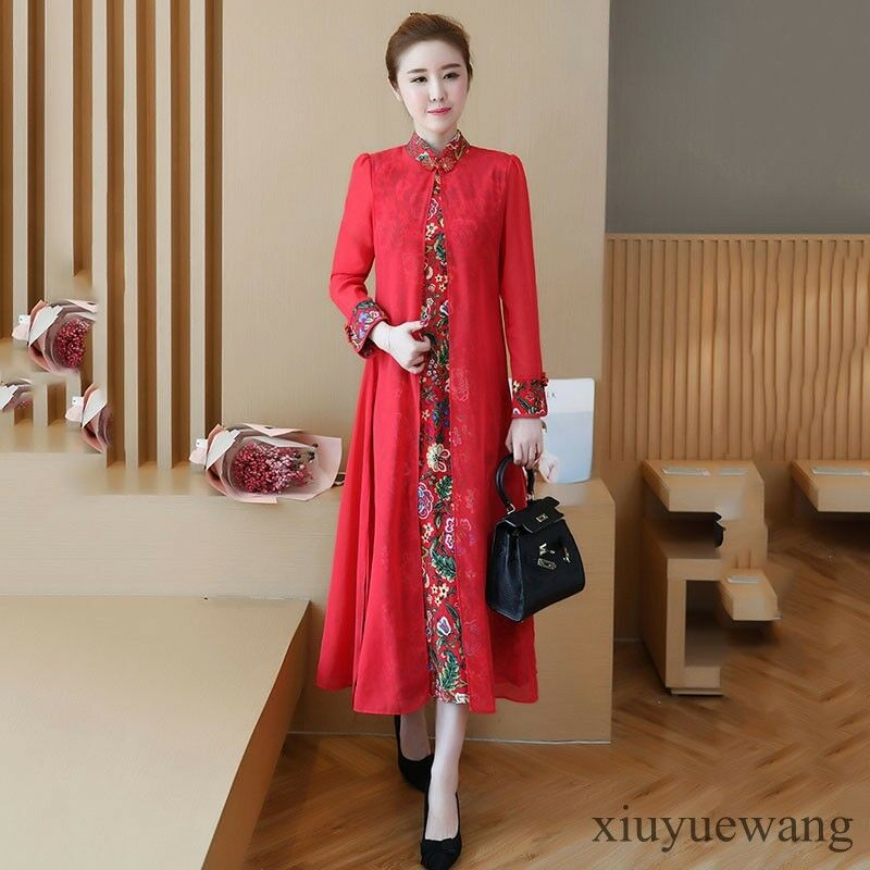 Elegant retro womens floral Ethnic style Slim qipao cheongsam long sleeve dress