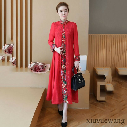 Elegant retro womens floral Ethnic style Slim qipao cheongsam long sleeve dress