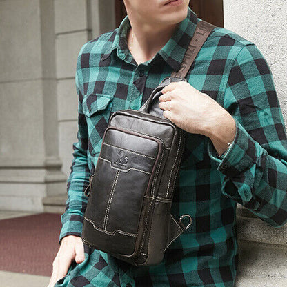 100% Genuine Leather Men's Chest Bag Vintage Crossbody Bag Sling Backpack Hiking