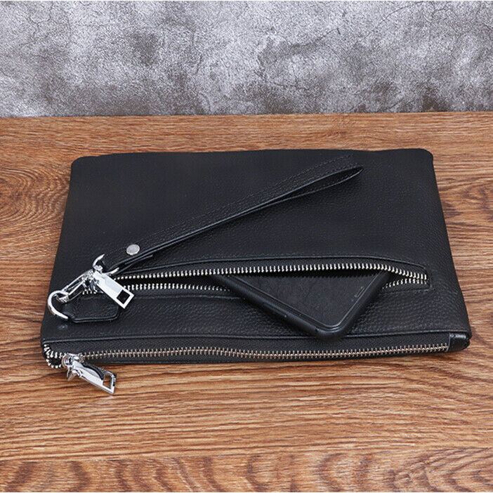 100% Genuine Leather Men Black Wallet Clutch Leaves Embossed Zipper Envelope Bag