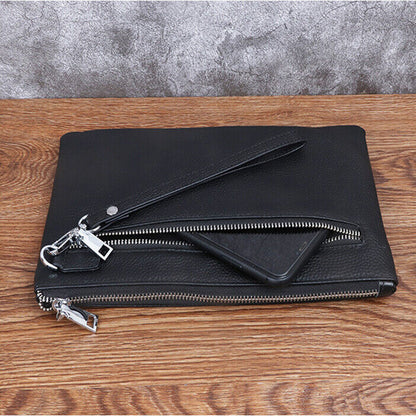 100% Genuine Leather Men Black Wallet Clutch Leaves Embossed Zipper Envelope Bag