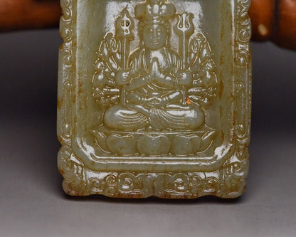 Chinese Antique Natural Hetian Jade Carving Kwan Yin Statue Lucky Jade Pendant