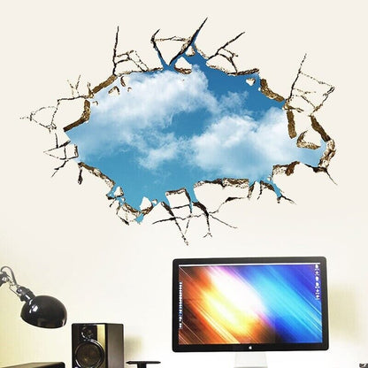 Broken Hole 3D Blue Sky Cloud Wall Sticker Living Room Decoration Decals 50x70cm