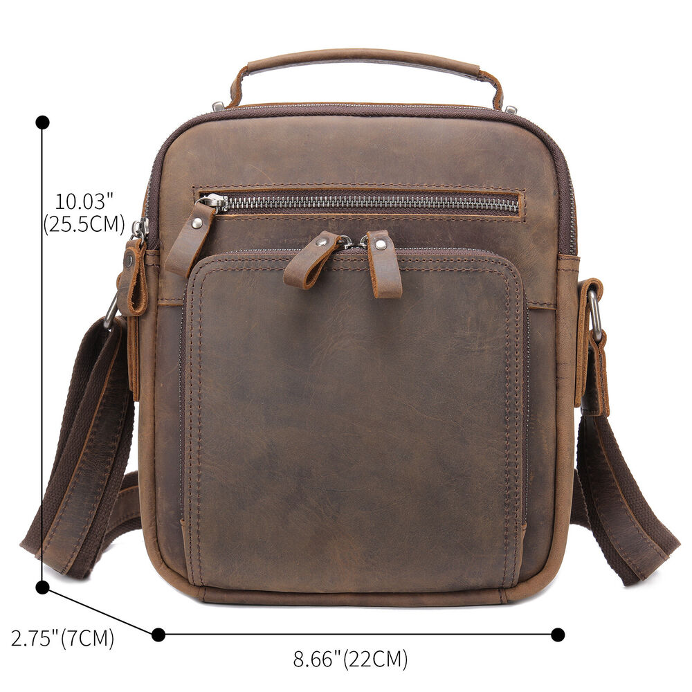 Crazy Horse Leather Men's Shoulder Bag 8inch Handbag Multifunction Crossbody Bag