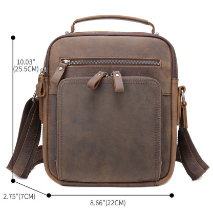 Crazy Horse Leather Men's Shoulder Bag 8inch Handbag Multifunction Crossbody Bag