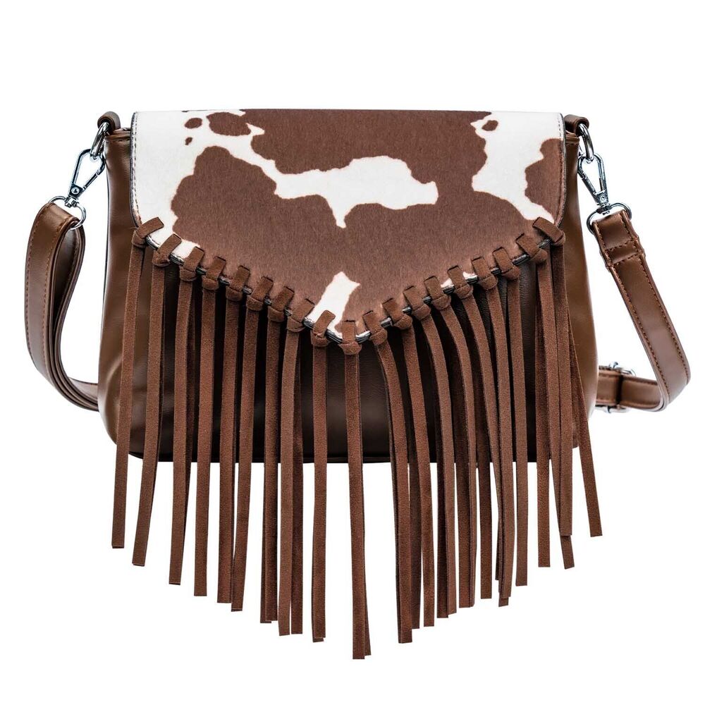 Celela Women Hair-on Cow Pattern Fringe Crossbody Handbag Shoulder Bag Purse