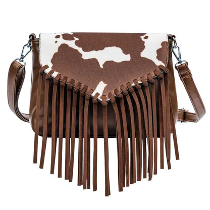 Celela Women Hair-on Cow Pattern Fringe Crossbody Handbag Shoulder Bag Purse