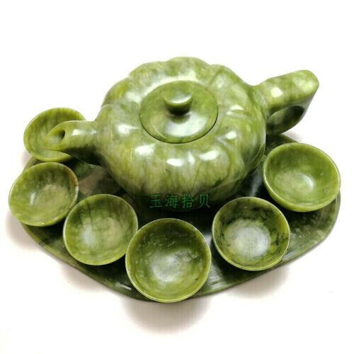 Chinese Traditional Natural Handmade Jade Teapot Carving Gong Fu Tea Cup Set