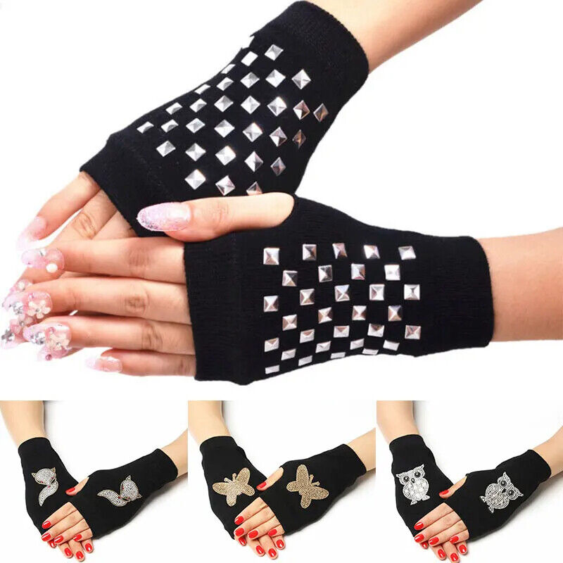Women Fingerless Gloves Black Colour Half Finger Animals Pattern Rose Embroidery