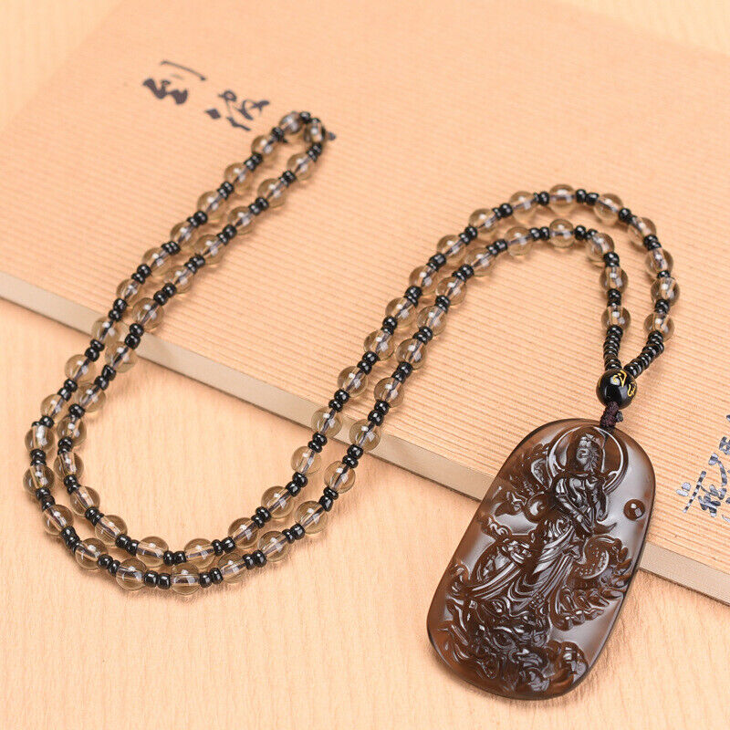 Natural Ice Obsidian Jade Pendant Beads Cord Necklace Buddha Guan Yin Charm