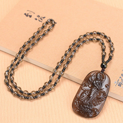 Natural Ice Obsidian Jade Pendant Beads Cord Necklace Buddha Guan Yin Charm