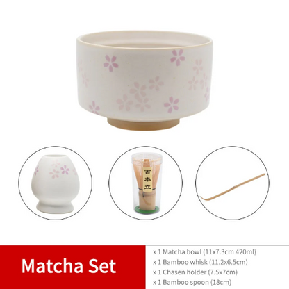 Ceramic Matcha Set Handpainted Cherry Matcha Set with Whisk and Chasen Holder