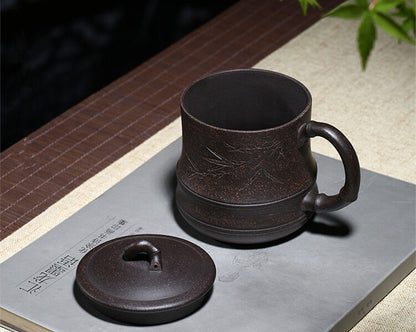 Bamboo Marked Office Cup Authentic Yixing Zisha Tea Mug With Handle Tea Cup Lid