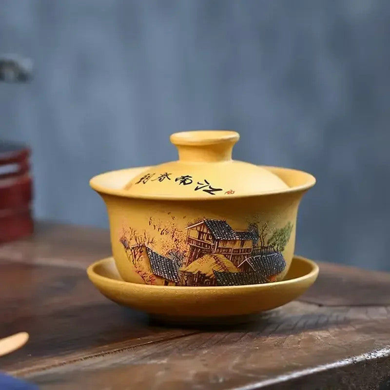 150ml Yixing Retro Landscape Hand-Painted Segment Mud Tea Set Handmade Gaiwan