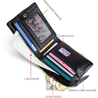 Zipper Coin Purse Genuine Leather Wallet Card Holder RFID Blocking Card Holder