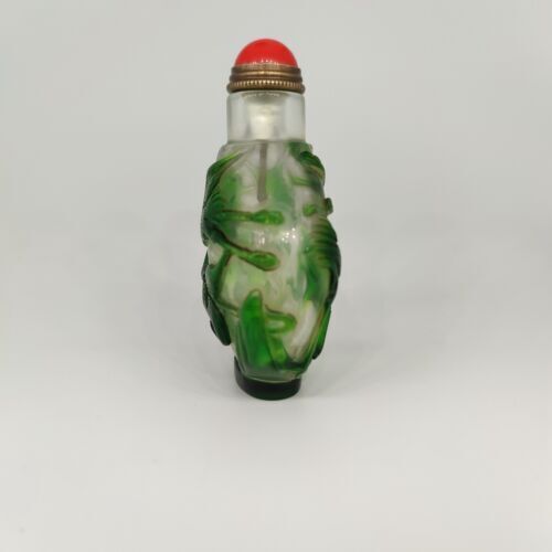 collections Old Beijing chinese glass snuff bottle carved crane statue clean art