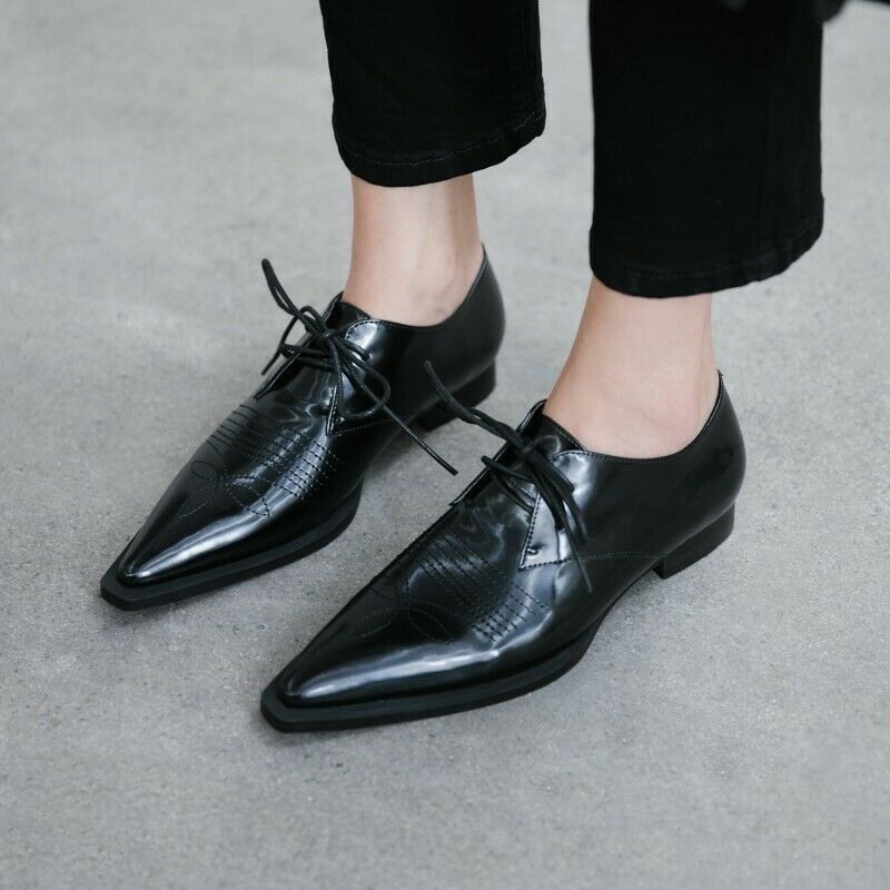 New Womens Brogues Pointy Toe Lace Up Flat Heel Casual Pumps Shoes Retro 34-40