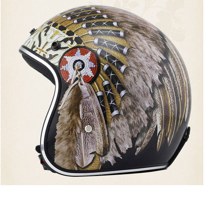Open Face Motorcycle Helmet Indian Feather Print Cruiser Scooter Bike Helmet DOT