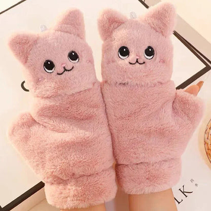 Women Winter Gloves Coral Fleece Half-Finger Style Plush Warm Soft Thick Mittens