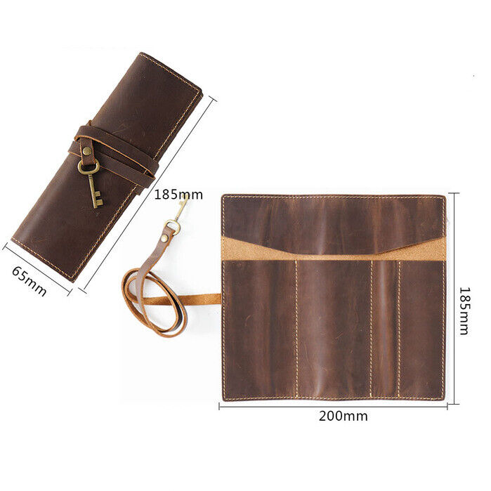 Handmade Cowhide Leather Pen Pouch Roll-up Pencil Case Bag Stationery Storage