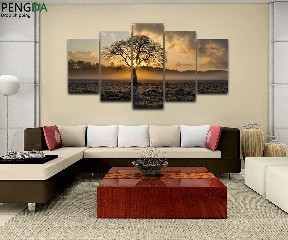 Sunrise Tree Landscape Mist 5 Pieces canvas Wall Art Poster Picture Home Decor