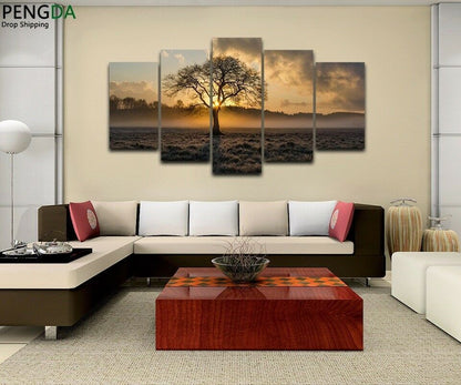 Sunrise Tree Landscape Mist 5 Pieces canvas Wall Art Poster Picture Home Decor