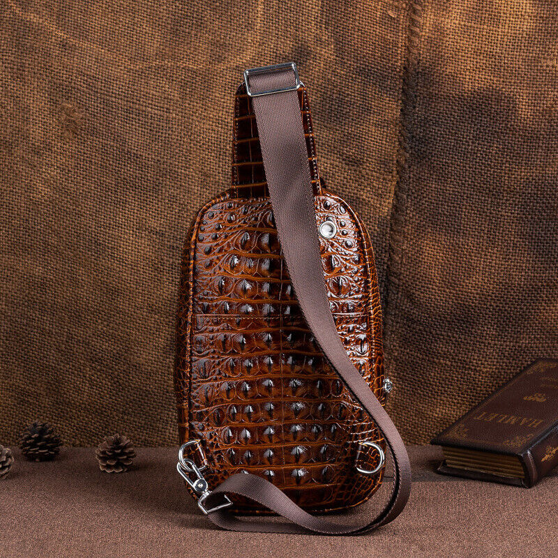 Sling Backpack Men's Genuine Leather Crocodile Crossbody Chest Bag Sport Daypack
