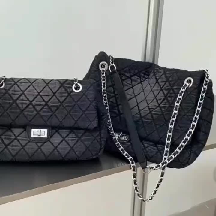 Medium/ Large Quilted Denim Shoulder Bag Flap Purse Handbag w/ Chains Tote Hobo