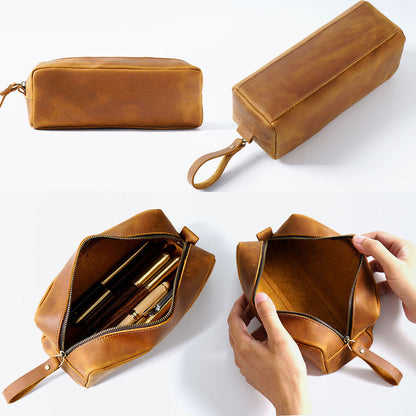 Handmade Cowhide Leather Pen Pouch Zipper Pencil Case Stationery Storage Pen Bag