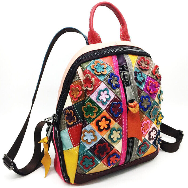 New Designer Cow Leather Colorful Floral Patchwork Women's Backpack Travel Bag