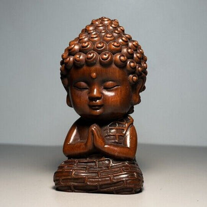 Vintage Chinese Boxwood Carved Baby Buddha Statue Ornament Wooden Figurine Gift
