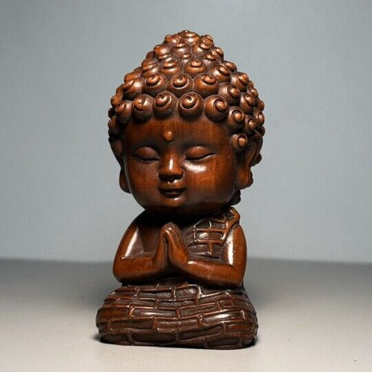Vintage Chinese Boxwood Carved Baby Buddha Statue Ornament Wooden Figurine Gift