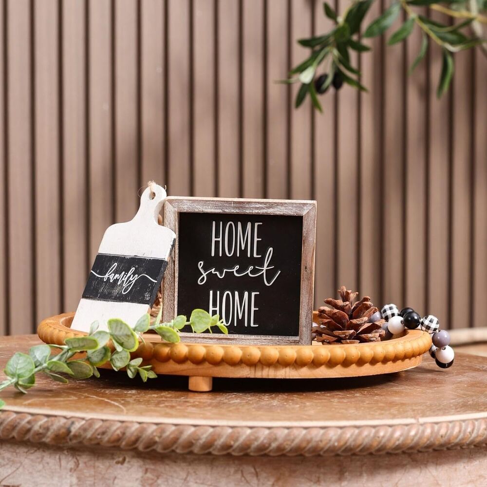 Round Wooden Tray Bamboo Coffee Table Beaded Decorative Home Kitchen Countertop