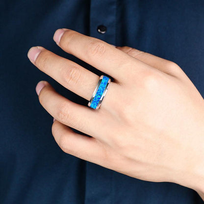2023 New Luxury 8mm Tungsten Steel Ring Inlaid Blue Opal Wedding Ring Men's Neve