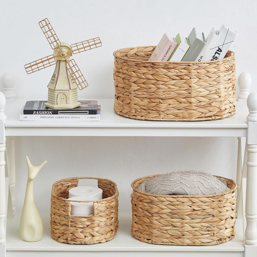 Woven Wicker Basket Storage Built-In Handles Rattan Shelves Organizer 3 Pcs